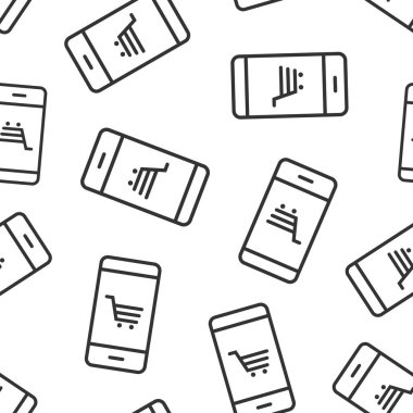 Çevrimiçi alışveriş ikonu. Beyaz izole arkaplanda akıllı telefon mağaza vektör çizimi. Piyasasız şablon iş kavramı.