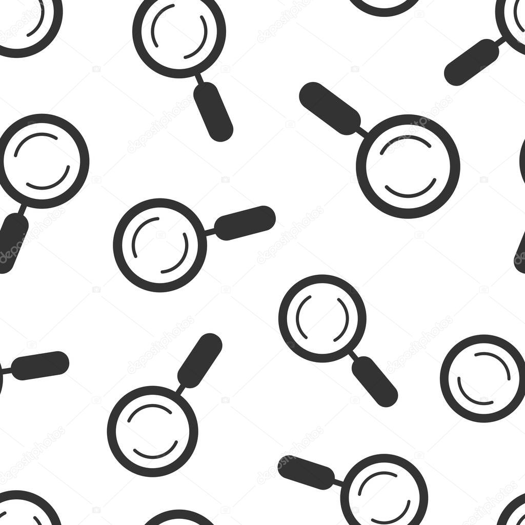 Loupe sign icon in flat style. Magnifier vector illustration on white isolated background. Search seamless pattern business concept.