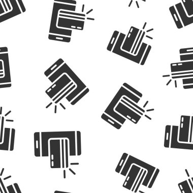 Düz stil akıllı telefon ödeme ikonu. Beyaz izole edilmiş arka planda NFC kredi kartı vektör çizimi. Bankacılık kusursuz iş konsepti.