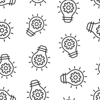 Düz stil icadı. Beyaz izole edilmiş arka planda çark vektör illüstrasyonlu ampul. Fikirsiz şablon iş konsepti.