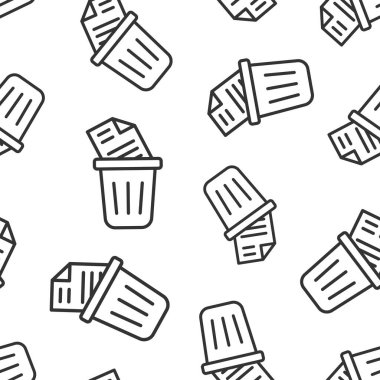 Belge simgesinin olduğu çöp kutusu düz stil. Beyaz izole arkaplanda kağıt geri dönüşüm vektör illüstrasyonu. Ofis çöplüğü kusursuz iş konsepti.