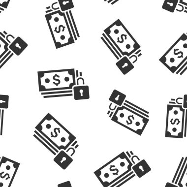 Düz stili kilit simgesi olan dolar banknotu. Beyaz izole edilmiş arka planda dolar cinsinden güvenli vektör çizimi. Banknotun güvenlik faturası kusursuz şablon iş konsepti.