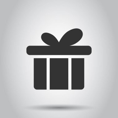 Düz stil hediye kutusu simgesi. Beyaz izole edilmiş arkaplanda mevcut paket vektör çizimi. Sürpriz iş konsepti.