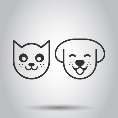 Köpek ve kedi ikonu düz stil. Beyaz izole edilmiş arka planda hayvan başlı vektör çizimi. Çizgi film komik hayvan ticareti konsepti.