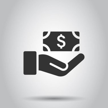 Düz bir siluet simgesi. Beyaz izole edilmiş arka planda elde vektör illüstrasyonundaki para. Banknote maaş bordrosu konsepti.