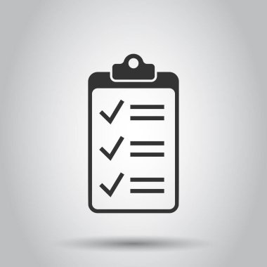 Liste simgesini düz biçimde yapmak için. Beyaz izole edilmiş arkaplan üzerindeki belge kontrol listesi vektör illüstrasyonu. Not denetimi işareti iş konsepti.