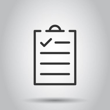 Liste simgesini düz biçimde yapmak için. Beyaz izole edilmiş arkaplan üzerindeki belge kontrol listesi vektör illüstrasyonu. Not denetimi işareti iş konsepti.