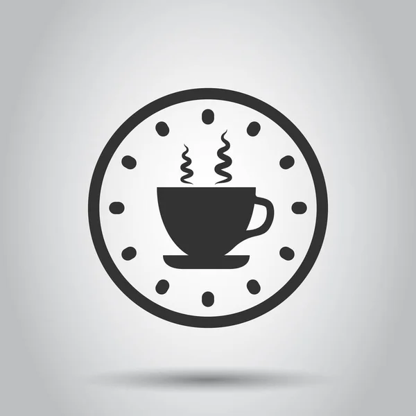 フラットスタイルのコーヒーブレイクアイコン 白い隔離された背景にティーカップベクトルイラストと時計 朝食タイムビジネスコンセプト — ストックベクタ