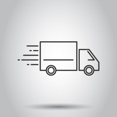 Düz stil kamyon simgesi. Beyaz izole arkaplanda otomatik dağıtım vektör illüstrasyonu. Kamyon otomobil iş konsepti.