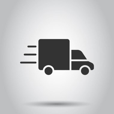 Düz stil kamyon simgesi. Beyaz izole arkaplanda otomatik dağıtım vektör illüstrasyonu. Kamyon otomobil iş konsepti.