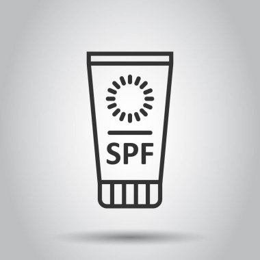 Güneş koruma ikonu düz stil. Beyaz izole edilmiş arka planda güneş kremi vektör çizimi. Spfcare iş konsepti.