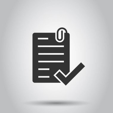 Düz biçimli onaylanmış belge simgesi. Beyaz izole edilmiş arkaplanda vektör illüstrasyonunu onaylayın. Anlaşma işaretli iş konsepti.