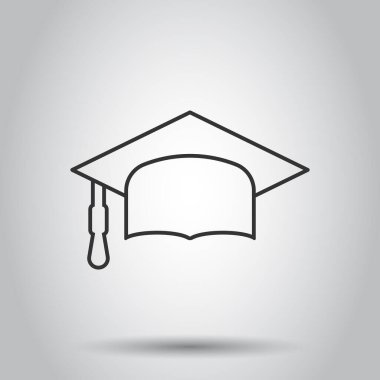Düz stil mezuniyet şapkası ikonu. Beyaz izole edilmiş arka planda öğrenci şapkası çizimi. Üniversite iş konsepti.