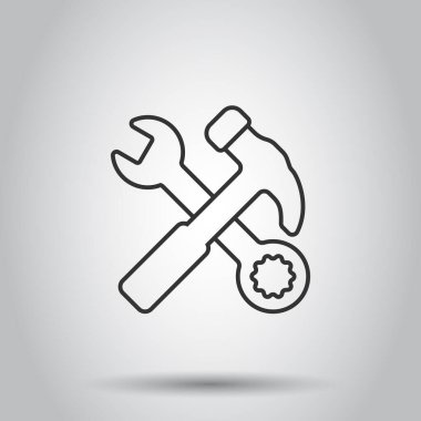 İngiliz anahtarı ikonlu çekiç düz stil. Beyaz izole edilmiş arka planda iş aracı vektör illüstrasyonu. Tamir ekipmanı iş konsepti.
