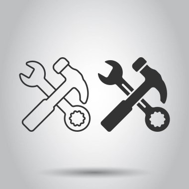 İngiliz anahtarı ikonlu çekiç düz stil. Beyaz izole edilmiş arka planda iş aracı vektör illüstrasyonu. Tamir ekipmanı iş konsepti.