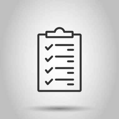 Düz biçimli belge kontrol listesi simgesi. Beyaz izole edilmiş arka planda vektör illüstrasyonunu rapor et. Kağıt sayfası iş konsepti.