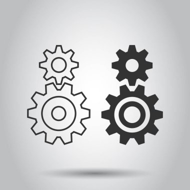 Düz şekilde vites vektör simgesi. Beyaz izole edilmiş arka planda çark çizimi. Şanzıman çarkı iş konsepti.