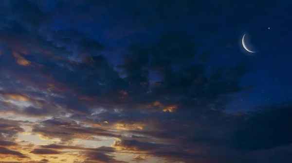 祈りの時間 寛大なラマダン ムバラクの背景 輝く夕日 夕日や雲と日の出 星夜の空 ニュームーン — ストック写真