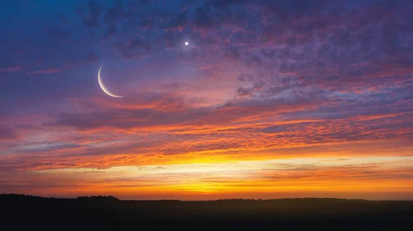 Luz Céu Contexto Religioso Céu Noite Com Estrelas Lua Nova — Fotografia de Stock