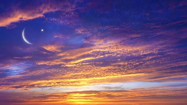 Croissant Lune Avec Beau Fond Coucher Soleil Lumière Ciel Fond — Photo