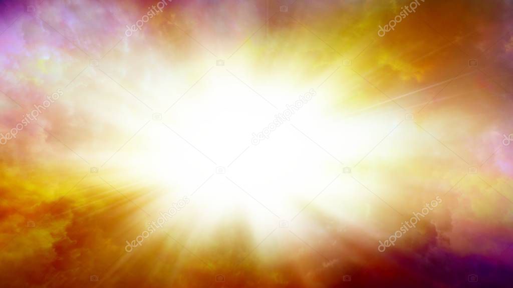 Dramatic nature background .  Sunset or sunrise with clouds, light rays and other atmospheric effect . Light from sky . Religion background . 