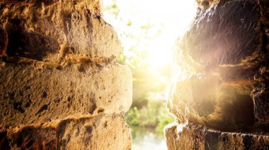 Kale tünelin sonunda ışık. Güneşe doğru giden adımları. Tanrı'ya yolu. cennetten gelen parlak bir ışık. Dini arka plan. Güneş ışığı yeşil ormanın içinde. Cennet kapıları .