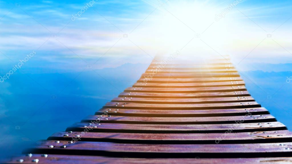 Way to sky . Stairway to heaven .  Way to God .  bright light from heaven .  Religious background  . Beautiful sky . Sunrise . Light from sky . solar explosion 