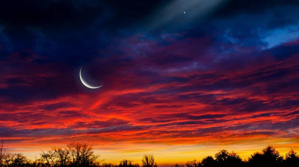 Světlo Oblohy Náboženství Pozadí Obloha Noci Hvězdami Nový Měsíc Ramadán — Stock fotografie