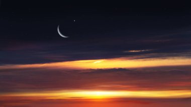 Cennet cennet. Kırmızı günbatımı ve ay. Ramazan arka plan. Yarım ay ve yıldız. Güzel yıldızı. Günbatımı ve new moon. Güzel gökyüzü