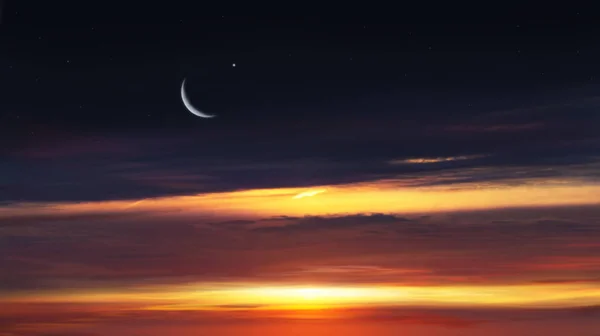 パラダイス天国 赤い夕日と月 ラマダンの背景 半分の月と星 美しい星 夕日と新月 美しい空 — ストック写真