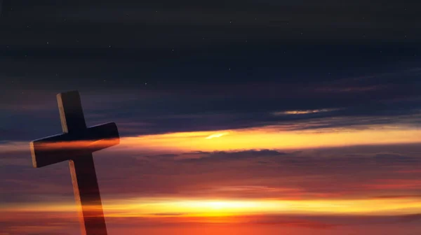 夕日を背景にキリスト教の十字 神への道 天からの明るい光 宗教的な背景 — ストック写真