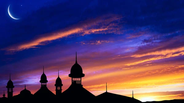 Halvmåne Med Smuk Solnedgang Baggrund Generøse Ramadan Mosque Silhuet Baggrund - Stock-foto