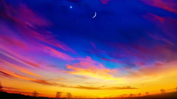 Paradise Vörös Naplemente Hold Ramadan Háttér Félhold Csillag Szép Csillag — Stock Fotó