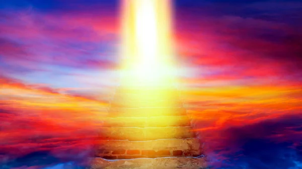 Staircase leading to heaven or hell . Religion background . Dramatic nature background .  Sunset or sunrise with clouds, light rays and other atmospheric effect . Light from sky .