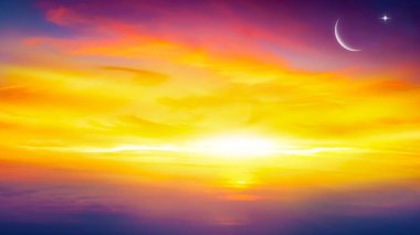 Yeni ay. Dua zamanı. Cömert Ramazan. Mübarek arka plan. Bir düşüş veya Yükseliyor bulutlar ile.