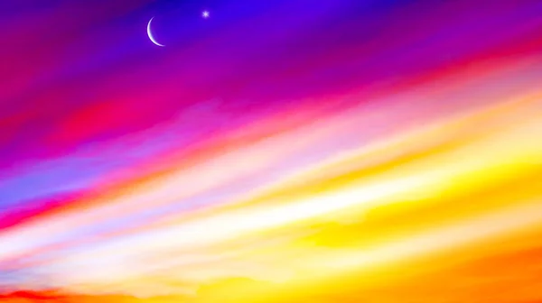 Light in dark sky . Stairs in sky . Religion for the person . Way to heaven . Religious background . Crescent moon with beautiful sunset background . Generous Ramadan