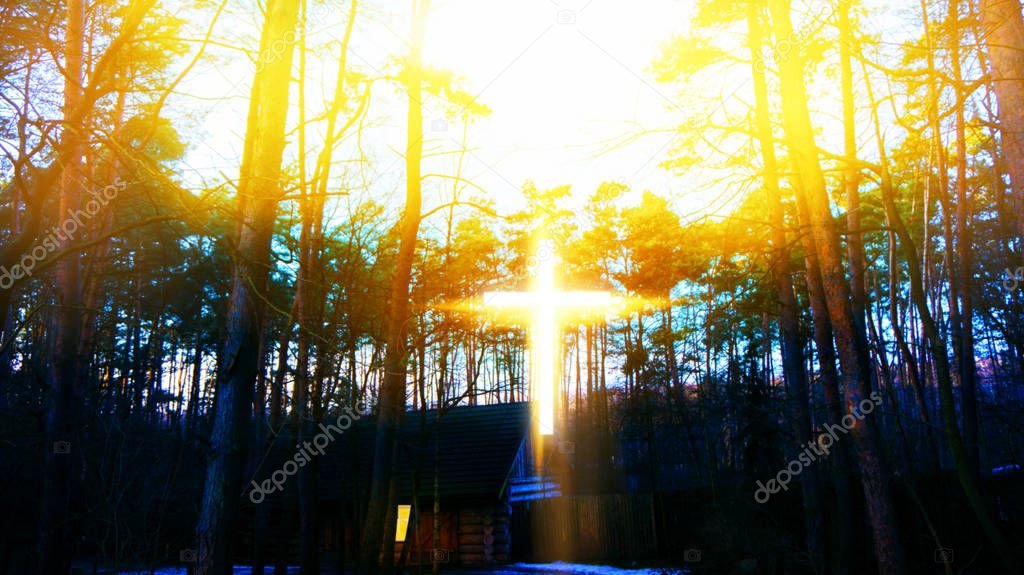 the house in the forest . Heavenly Cross . Religion symbol shape .  Dramatic nature background  . Glowing cross in sky . Happy Easter. Light from sky . Religion background .  Paradise heaven . Light in sky .  