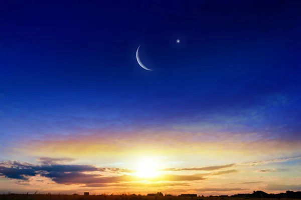 New Moon Bönetiden Generösa Ramadan Mubarak Bakgrund Nedgång Eller Stigande — Stockfoto