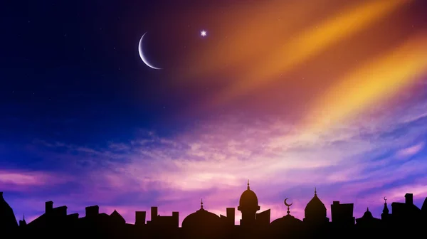 Pozadí Oblohy Rýsuje Silueta Mešity Perfektní Západ Slunce Půlměsíček Nádherným — Stock fotografie