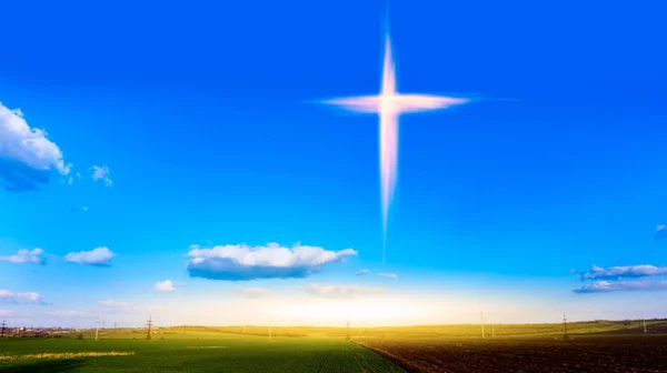 Religion Symbol Shape Dramatic Nature Background Glowing Cross Sky Happy — Stock Photo, Image