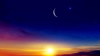 Hilal ay güzel günbatımı arka plan ile. Cömert ramazan. Gökten gelen ışık. Din arka plan .  