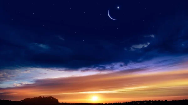 Halve Maan Met Prachtige Zonsondergang Achtergrond Royale Ramadan Licht Uit — Stockfoto