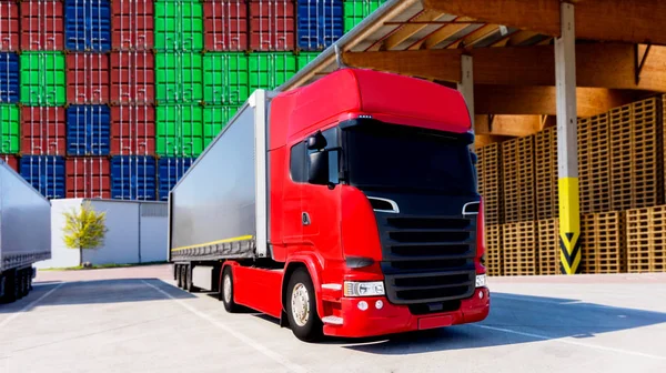 Truck logistics building . the red truck on the road  . containers cargo