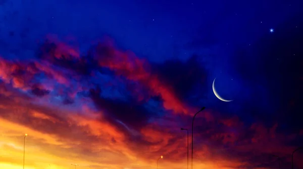 Mondsichel Mit Schönem Sonnenuntergang Großzügiger Ramadan Licht Vom Himmel Religiöser — Stockfoto