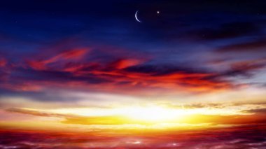 Hilal ay güzel günbatımı arka plan ile. Cömert ramazan. Gökten gelen ışık. Din arka plan .  