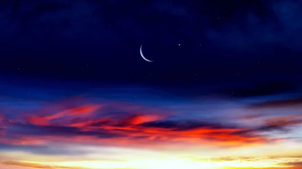 Croissant Lune Avec Beau Fond Coucher Soleil Généreux Ramadan Lumière — Photo