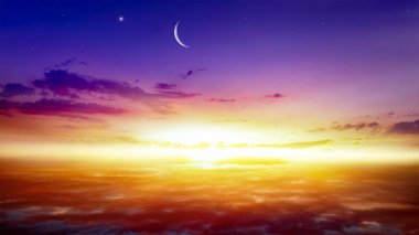 Hilal ay güzel günbatımı arka plan ile. Cömert ramazan. Gökten gelen ışık. Din arka plan .  