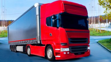 yolda kırmızı kamyon . kırmızı kamyon . navlun teslimi