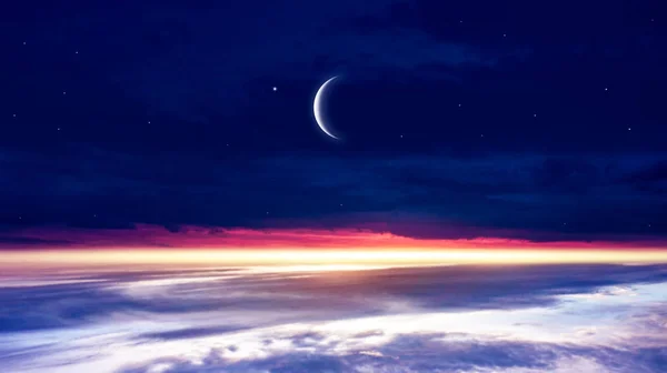 Halve Maan Met Prachtige Zonsondergang Achtergrond Royale Ramadan Licht Uit — Stockfoto