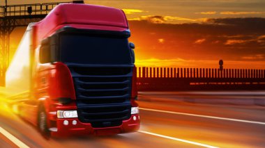 Truck on highway . Modern Semi Truck in Motion . 
